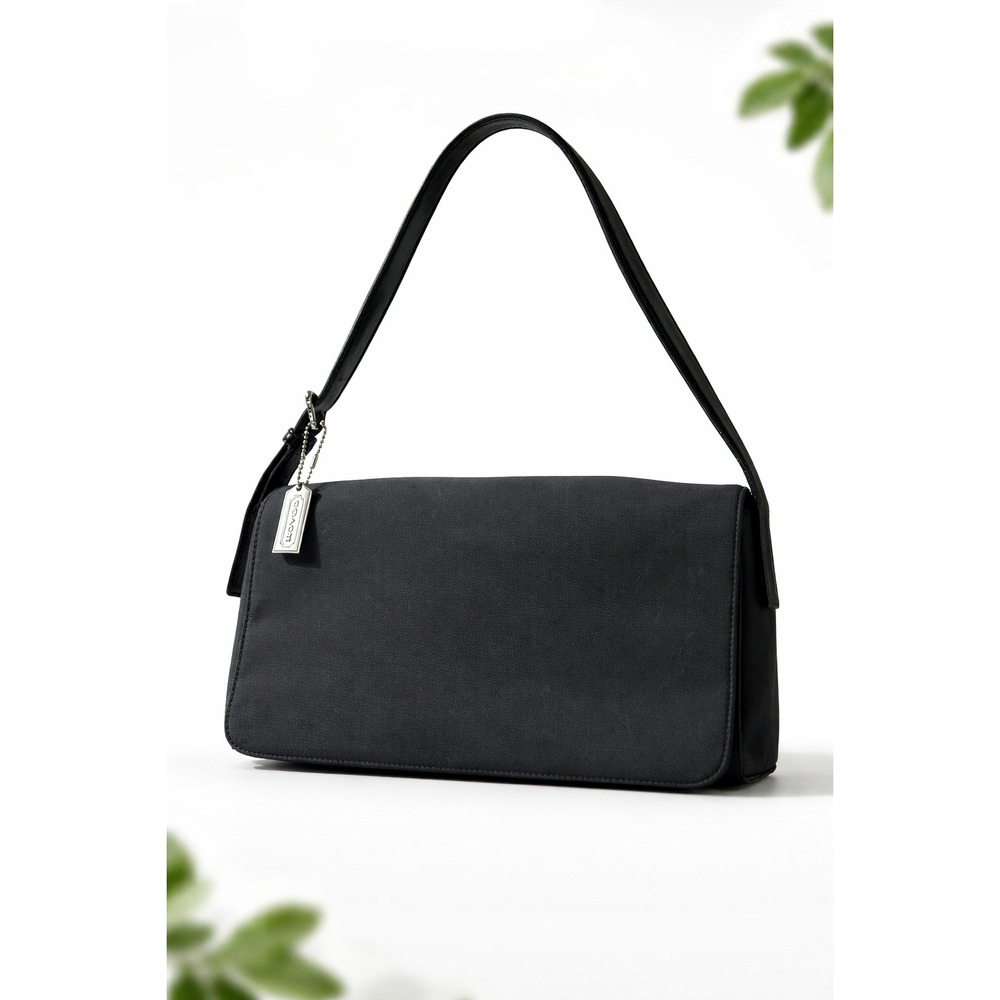 Coach Gray Twill Nylon‎ Shoulder Bag Black Leather Trim Foldover Flap